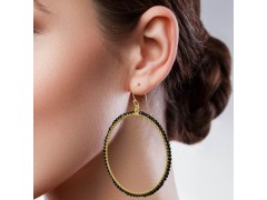 925 Sterling Silver Gold Plated Black Onyx Gemstone Dangle Earrings- A1E-1024